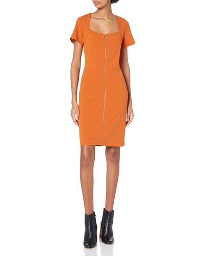 Nanette Lepore Square Neck Short Sleeve Dress With Front Facing Zipper - Orange