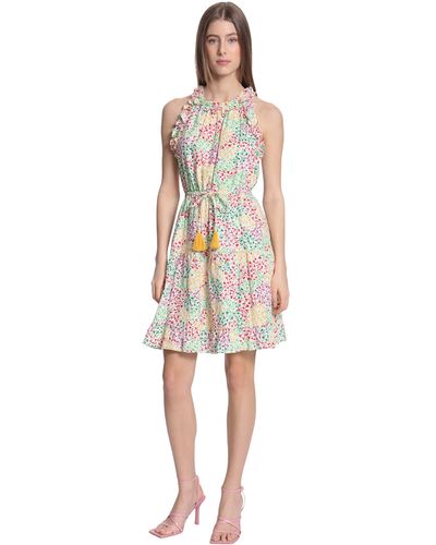 Donna Morgan Mini Floral Printed Ruffle Neck And Armhole Dress With Contrast Tassel Trim - White