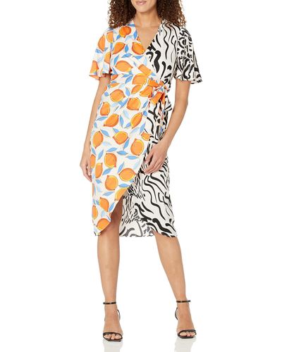 Donna Morgan Contrast Printed True Wrap Dress Event Occasion Guest Of - White