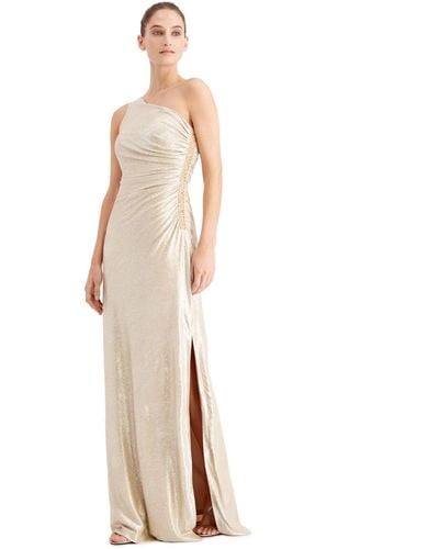 Calvin Klein One Shoulder Ruched Gown (buff/silver) Women's Dress - Natural