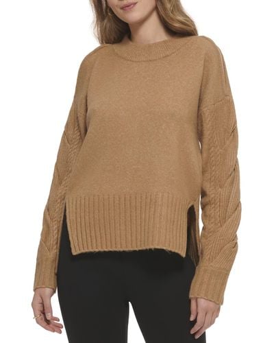 DKNY Mock Neck Split Shoulder Cozy Sweater - Brown