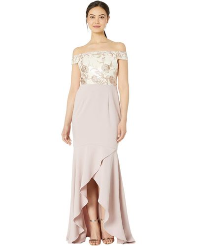 Adrianna Papell Off The Shoulder High Low Dress With Floral Details - Pink