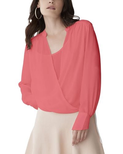 BCBGMAXAZRIA Relaxed Long Sleeve Faux Wrap Blouse Scoop Neck Surplice Top - Pink