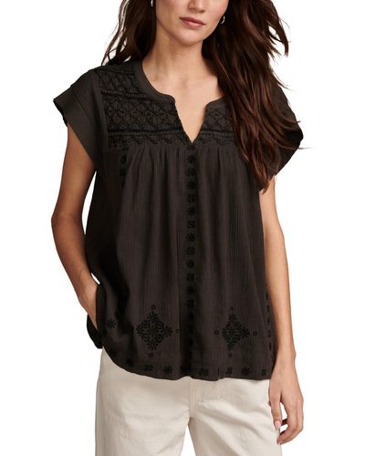 Lucky Brand Short Sleeve Embroidered Smocked Blouse - Black