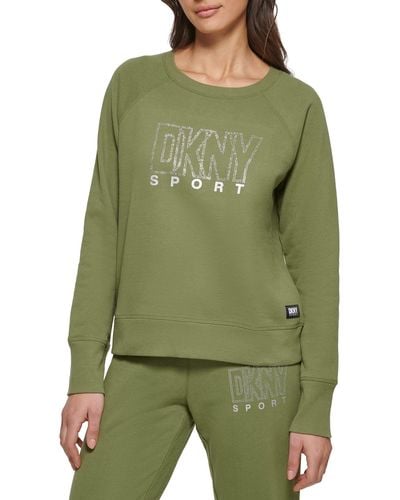 DKNY Long Sleeve Crew Neck Rhinestone Logo Top - Green