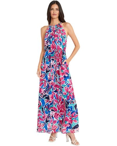 Maggy London Plus Size Floral Printed Halter Maxi With Waist Tie - White