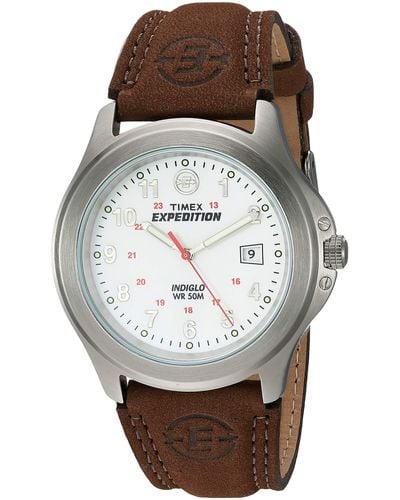 Timex T44381 Expedition Metal Field Brown Leather Strap Watch - Gray
