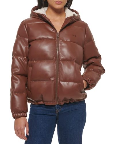 Levi's Vegan Leather Quilted Hooded Puffer - Brown