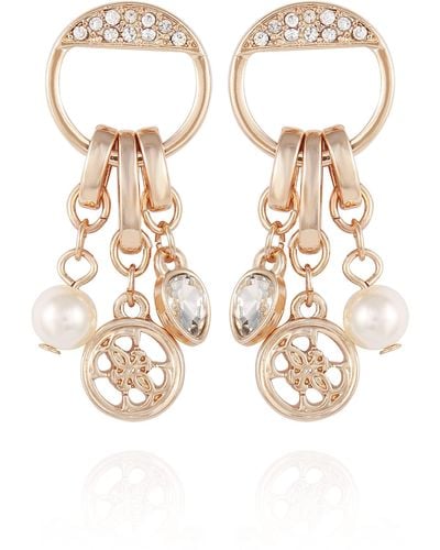 Guess Pearl And Stone Charm Cluster Logo Drop Earrings Goldtone - Metallic