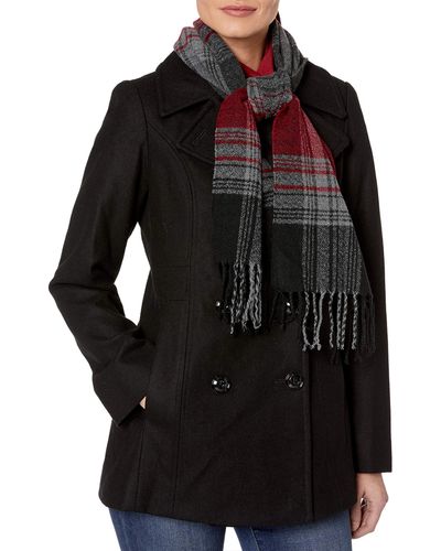 London Fog Double Breasted Peacoat With Scarf - Black