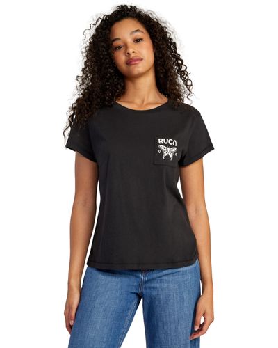 RVCA Womens Red Stitch Short Sleeve Graphic Tee T Shirt - Black