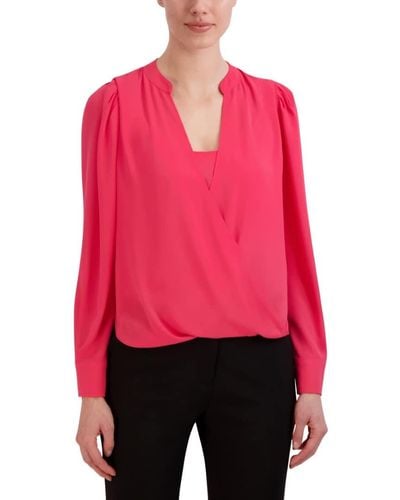 BCBGMAXAZRIA Relaxed Faux Wrap Top Long Sleeve Button Cuff Scoop Neck Surplice Overlay High Low Asymmetrical Hem Shirt - Red