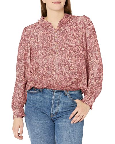 Lucky Brand Long Sleeve Printed Ruffle Collar Top - Red