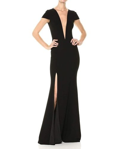 Dress the Population Leah Plunging Illusion Cap Sleeve Crepe Gown With Slit Dress - Blue