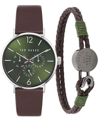 Ted Baker Gents Brown Leather Strap Watch & Leather Bracelet Box Set - Green