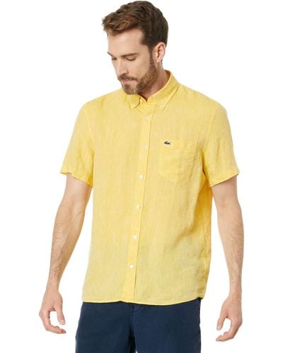 Lacoste Short Sleeve Regular Fit Linen Casual Button-down Shirt With Front Pocket - Yellow
