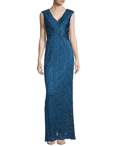 Adrianna Papell Sleevless V Neck Lace Gown With Bead Detail - Blue