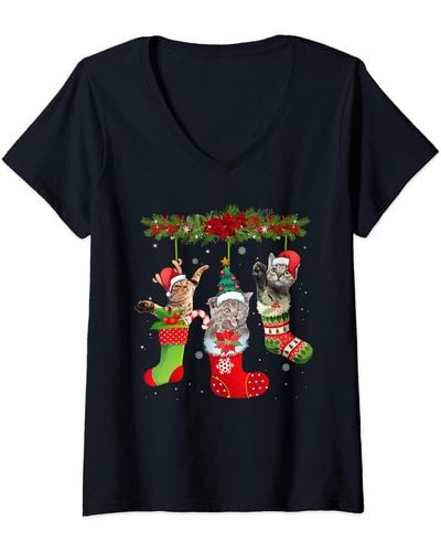 Caterpillar S Deck The Claws Cat Lover Pajamas With Christmas Sock Style V-neck T-shirt - Black