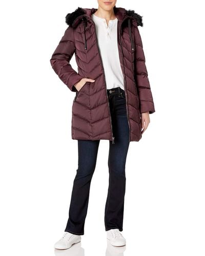 Tahari Heavy Weight Puffer Coat With Faux Fur Hood - Multicolor