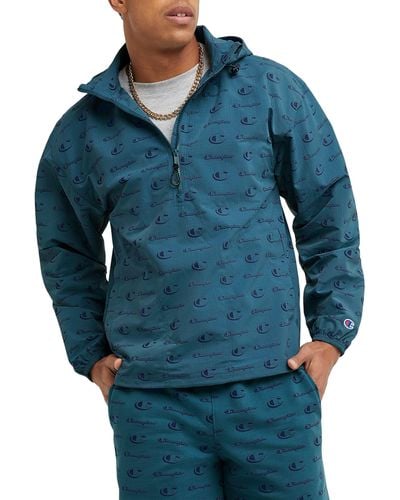 Champion , Windbreaker ,anorak Jacket With Scuba Hood,water-resistant, Big C Little Script Nifty Turquoise, Small - Blue