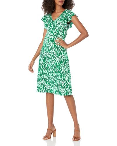 Maggy London London Times S Leaf Print V-neck Ruffle Sleeve Casual Dress - Green