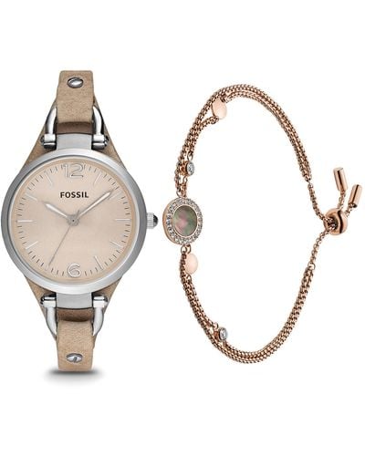 Fossil Georgia Quartz Stainless Steel And Leather Casual Watch And S Gray Mother-of-pearl And Rose Gold Multi-strand Slider Closure - Metallic