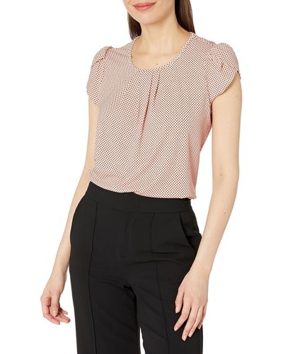 Adrianna Papell Short Sleeve Printed Top With Pleated Details - Black