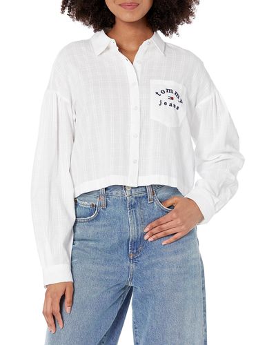 Tommy Hilfiger Cropped Chambray Long Sleeve Button Up - White