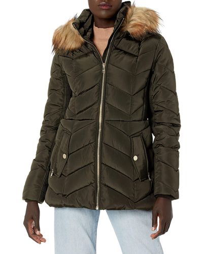 London Fog Short Puffer Jacket With Detachable Faux Fur Hood - Green