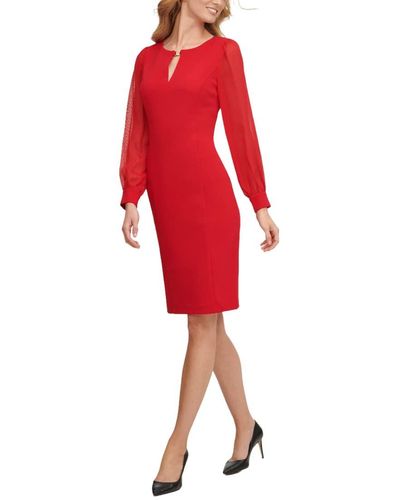 DKNY Chiffon Sleeve Sheath Dress With Keyhole - Red