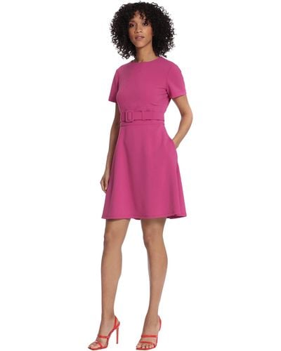 Maggy London Short Sleeve Mini Fit And Flare Dress With Wide Belt - Pink