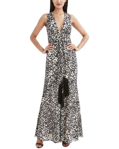BCBGMAXAZRIA Sleeveless Plunging V Neck Front Tie Fringe Maxi Floor Length Evening Gown - Multicolor