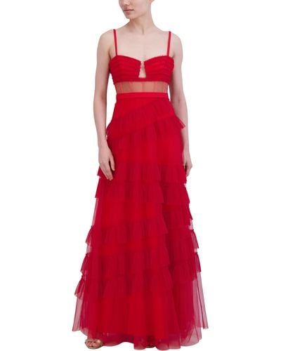 BCBGMAXAZRIA Sleeveless Teardrop Neck A Line Gown With Ruffle - Red