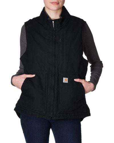 Carhartt Womens Loose Fit Washed Duck Sherpa-lined Mock Vest Work Utility Outerwear - Black