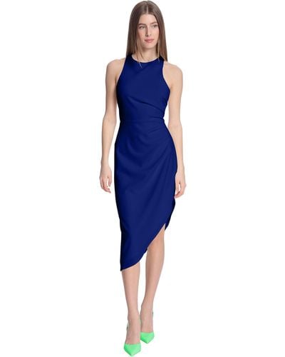 Donna Morgan Petite Sleeveless Bodycon Dress With Side Pleat Tucks And Asymmetric Hem - Blue