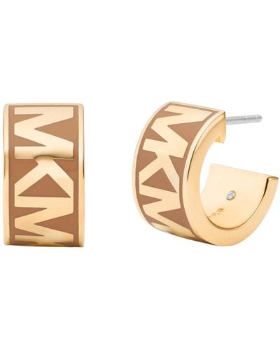 Michael Kors Mk Logo Brown And Gold-tone Brass Hoop Earrings - Metallic