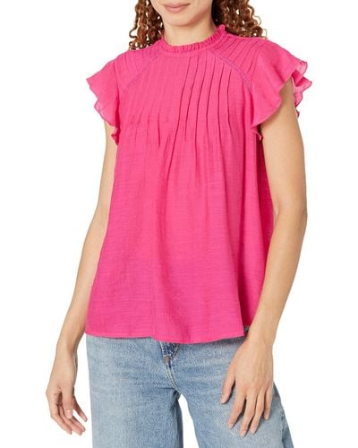 Nanette Lepore Short Sleeve High Ruffle Neck Woven Top With Pintuck Details - Pink