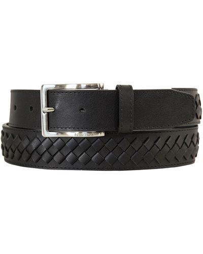 Nautica Center Woven Detail Leather Belt With Brushed Nickel Buckle - Black