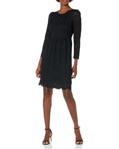 Lark & Ro Long Sleeve Gathered Lace Fit And Flare Dress - Black