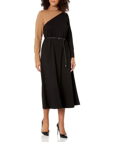 Anne Klein Plus Size Color Blocked Mock Neck Midi Dress - Black