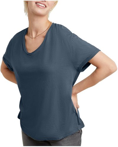 Hanes Originals V-neck Short Sleeve T-shirt With Raw Edge - Blue