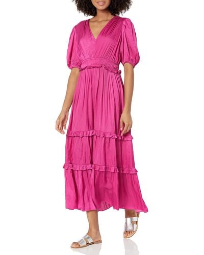 Shoshanna Marcela Vintage Ruched Ruffle Satin Midi Dress - Pink