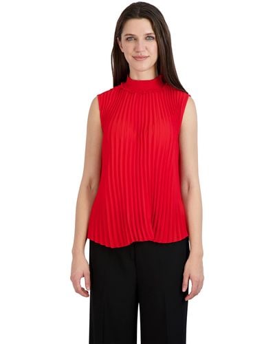 Nanette Lepore Womens Pintuck Dressy Ruffle Mock Neck Sleeveless Blouse Dress Shirt - Red