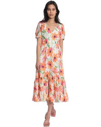 Maggy London Scallop Trimmed V-neck Midi With Double Elastic Waistband - Multicolor