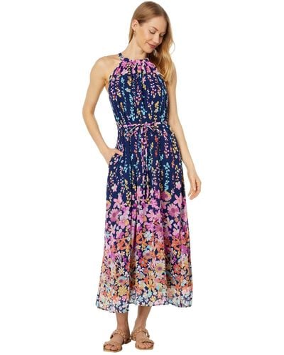 Maggy London S Floral Printed Halter Maxi With Waist Tie Dress - Purple