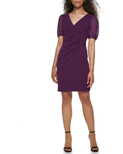 DKNY Scuba Crepe Chiffon Mixed Media Side Ruched Dress - Purple