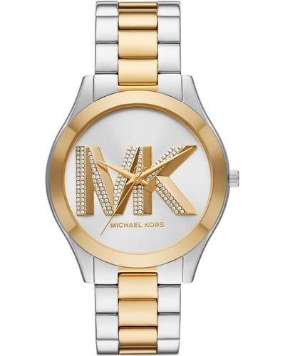 Michael Kors Slim Runway Logo Silver And Gold Two-tone Stainless Steel Bracelet Watch - Metallic