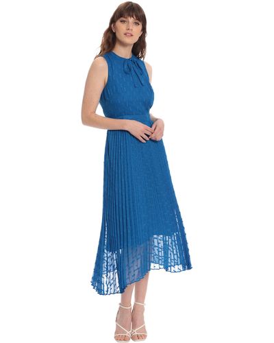 Donna Morgan Womens Tie Neck Sleeveless With Pleated Midi Length Skirt Overlay Dress - Blue