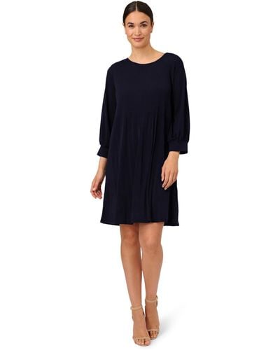 Adrianna Papell Pleated Knit Crew Neck Dress - Blue