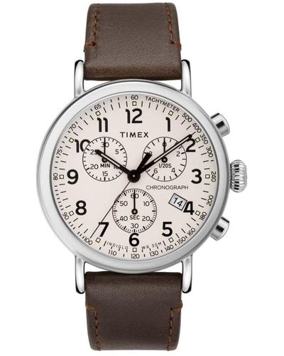 Timex 41 Mm Standard Chronograph Leather Strap Cream/brown One Size - Metallic